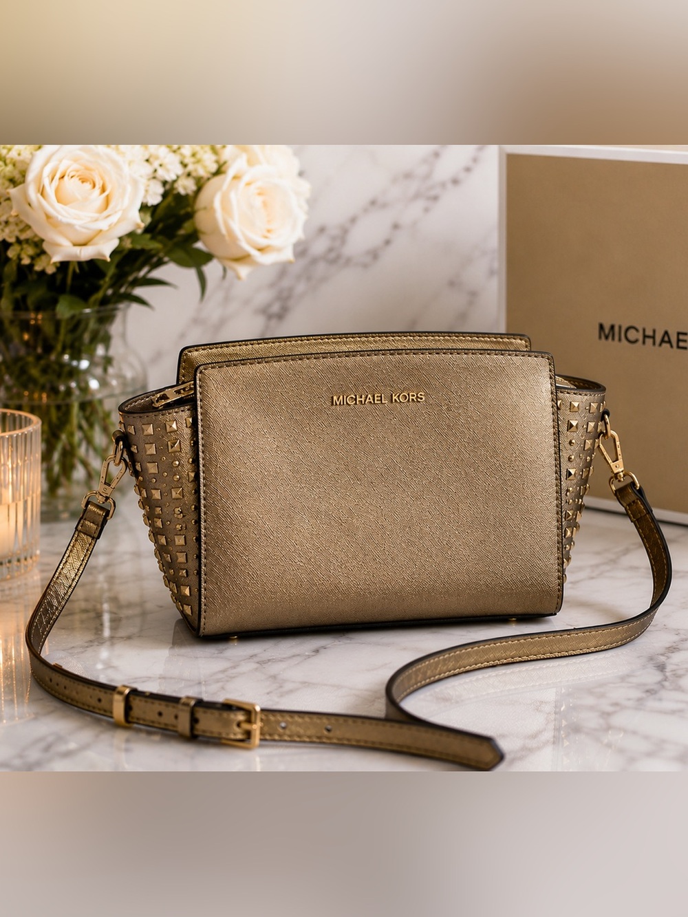 Michael Kors Gold Metallic Studded Saffiano Crossbody Bag